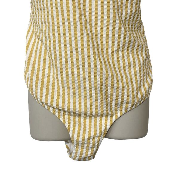 Jessica Simpson Striped Seersucker One Piece Swimsuit Mustard Yellow White Sz L - Picture 3 of 13